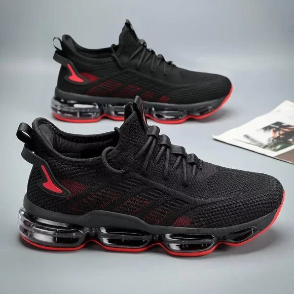 Men's Black Red Running Shoes Air Cushion Slip on Walking Tennis Sneakers